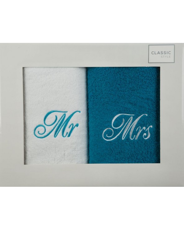 Ręcznik bawełna 70x140 kpl 2szt Mr Mrs biały/turkusowy Eurofirany Ręcznik bawełna 70x140 kpl 2szt Mr Mrs biały/turkusowy Eurofirany