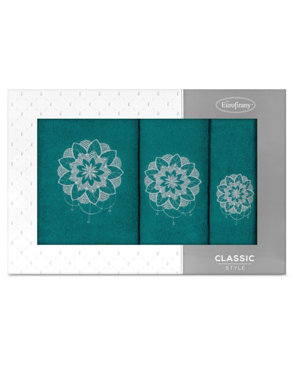 Ręcznik bawełna 30x50 + 50x90 + 70x140 kpl 3 szt Lotus ciemnoturkusowy/srebrny Eurofirany 