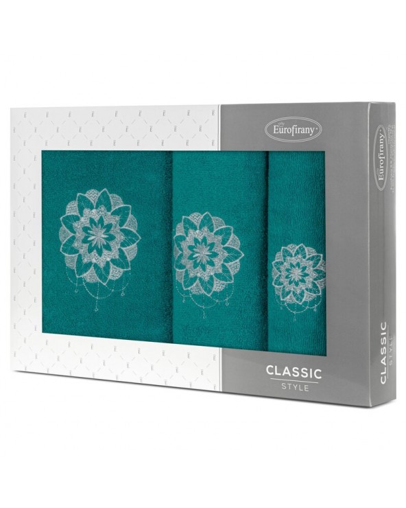 Ręcznik bawełna 30x50 + 50x90 + 70x140 kpl 3 szt Lotus ciemnoturkusowy/srebrny Eurofirany 