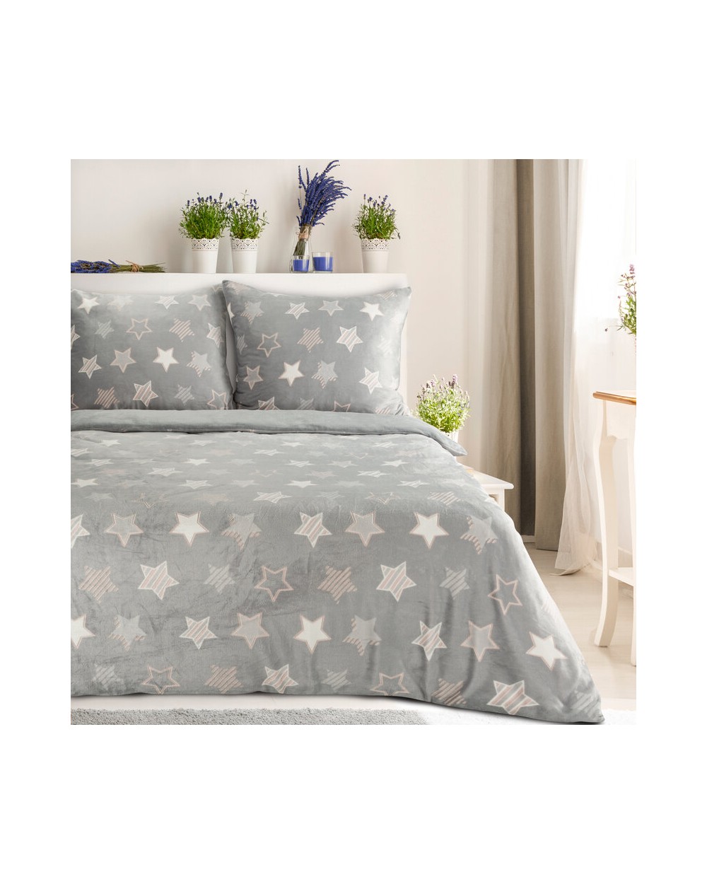 Pościel polarowa 200x220 + 2x70x80 Flano 4 srebrna/biała Eurofirany