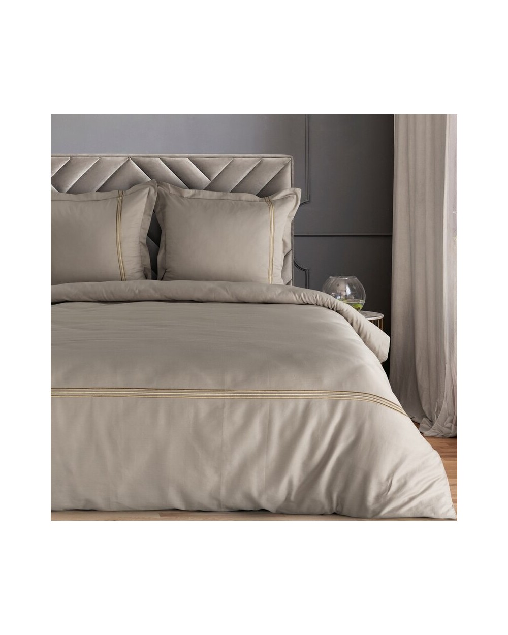 Pościel satyna bawełniana 160x200 + 2x70x80 Haft 4 beżowa/złota Eurofirany