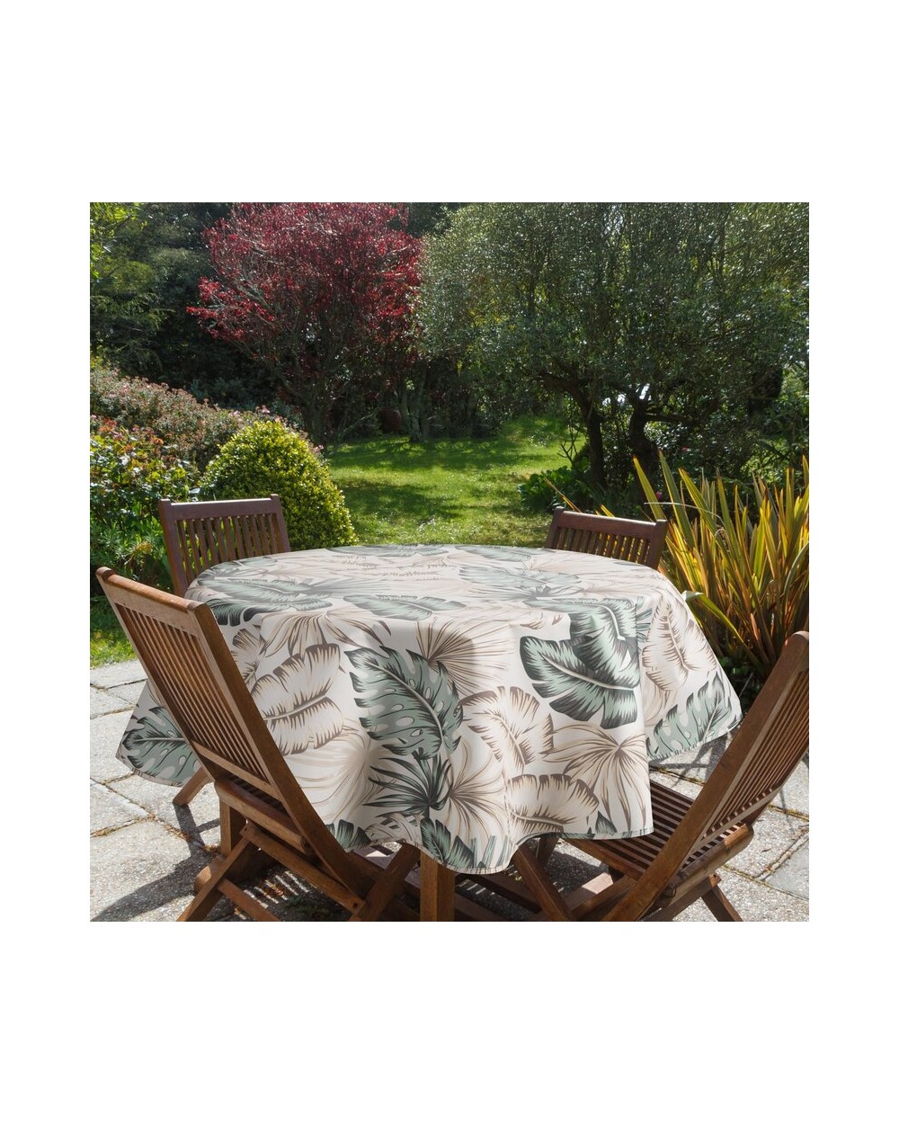 Obrus ogrodowy wodoodporny okrągły 150cm Garden 13E kremowy/zielony Eurofirany