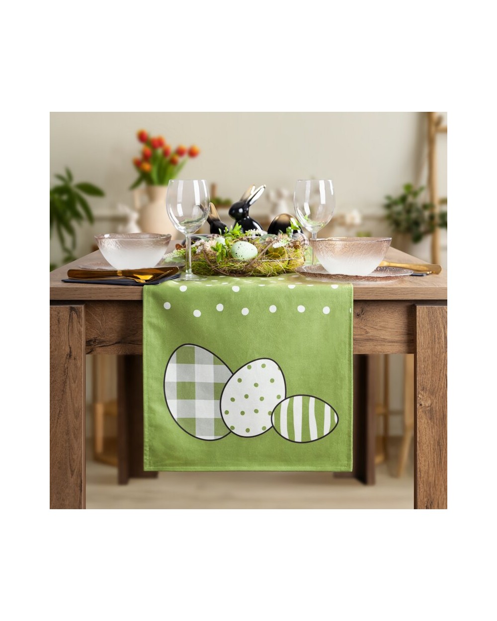 Bieżnik wielkanocny welwetowy 35x140 Wiosna zielony/biały Eurofirany