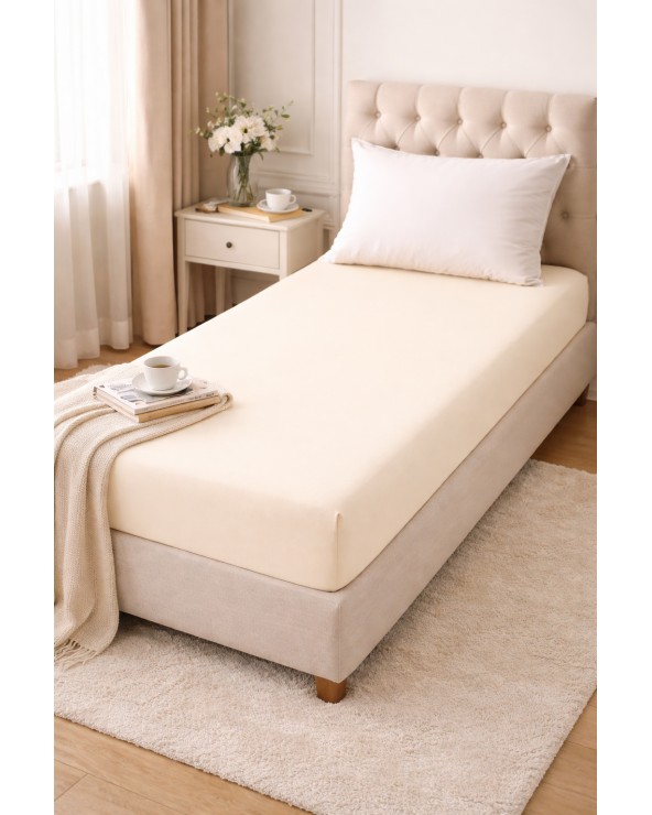 Wysokie prześcieradło bawełna jersey z lycrą 90x200x30 z gumką kremowe Matex