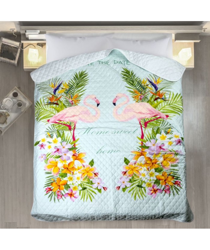 Narzuta z nadrukiem Flamingo 170x210 miętowa/różowa
