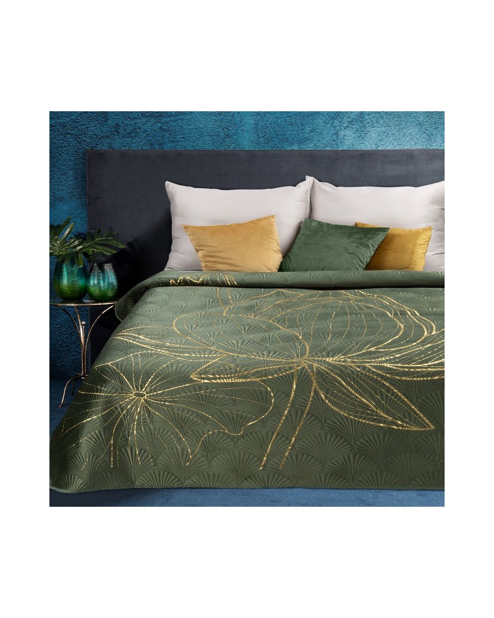 Narzuta velvet 220x240 Lotos 4 oliwkowa/złota