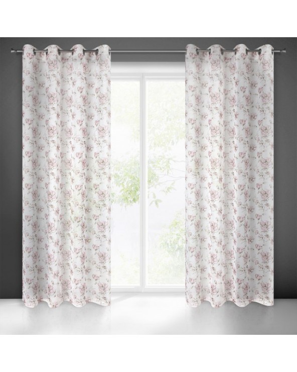 Zasłona w kwiaty 140x250 Amber biała/różowa z przelotkami