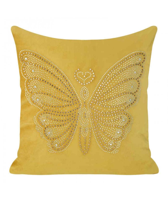 Poszewka velvet z cyrkoniami Calle 45x45 musztarda